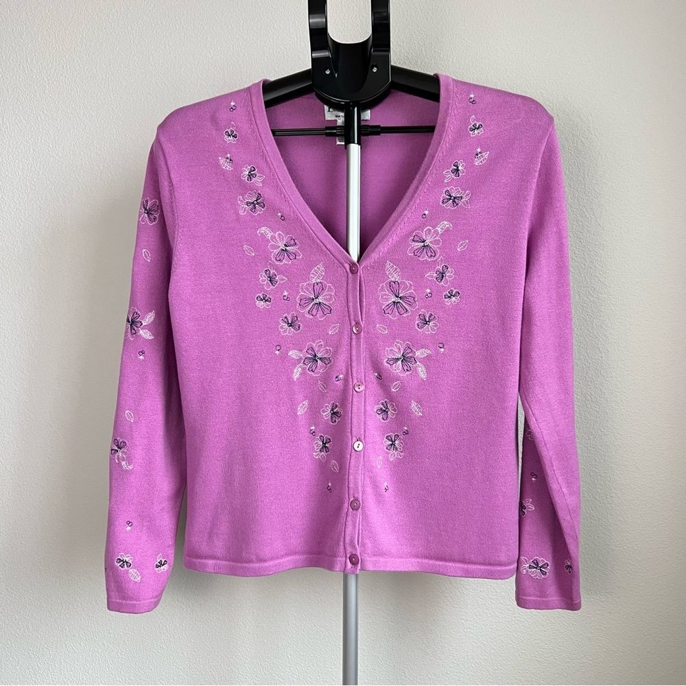 VTG Pendleton Pink Floral‎ Embroidered Cardigan Sweater Sz M Fairycore Romantic